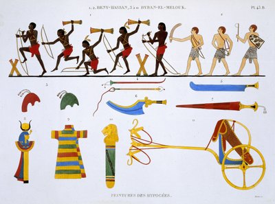 Arqueros del Ejército y Artículos Militares, de un Registro Raro de Frescos de Tebas, registrado 1819-1822 en su segunda visita a Egipto por Frederic Cailliaud (1787-1869), litografía en color de Frederic Cailliaud